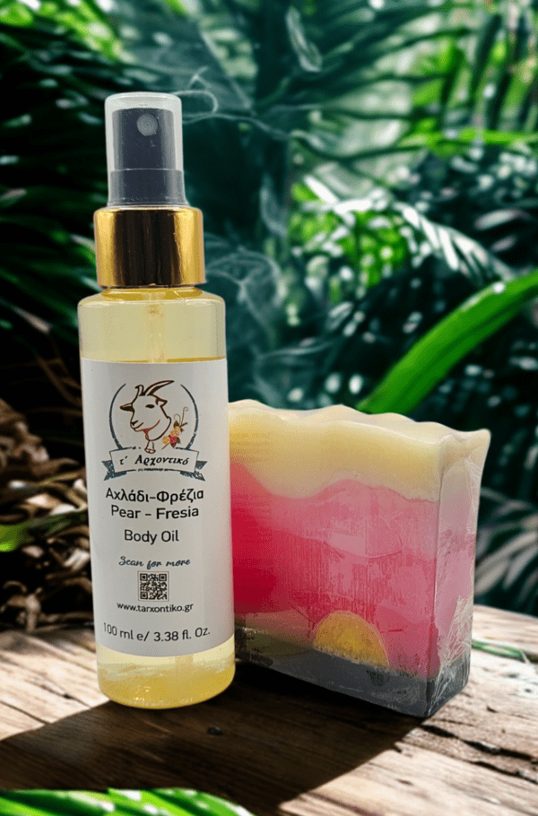 Ξηρό λάδι σώματος αχλάδι φρέζια και σαπούνι μαύρο μούρο